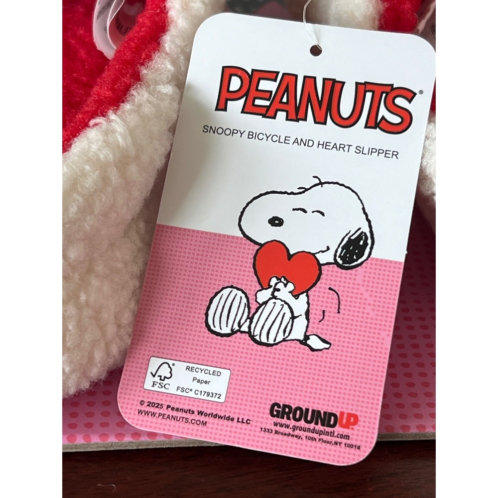 NEW Peanuts Snoopy Bicycle & Heart Slippers Cream Red Sherpa Mules Ground Up SM - Picture 4 of 5